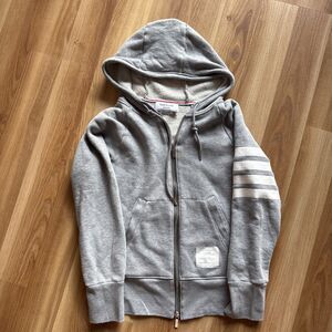 Thom Browne Loopback 100% Cotton Grey Four-Bar Striped Zip-Up Hoodie Size 1 (SM)